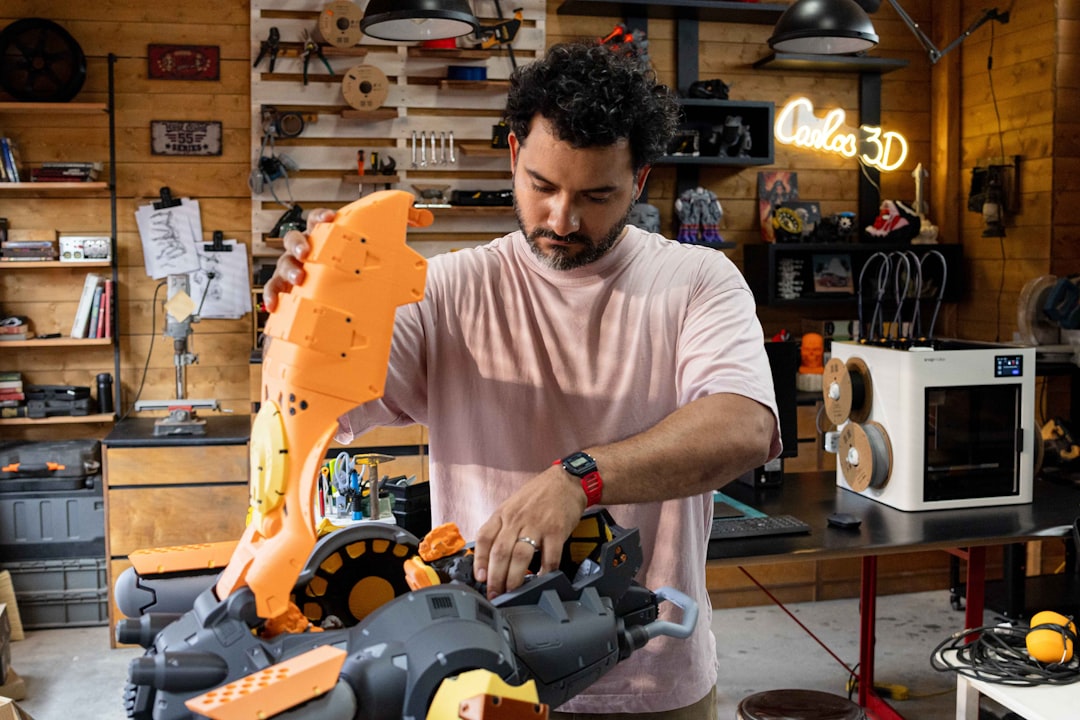 3D printing workspace with printer and tools