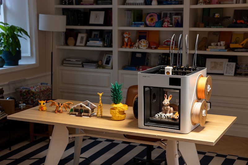 Colorful multi-color 3D printed objects on display