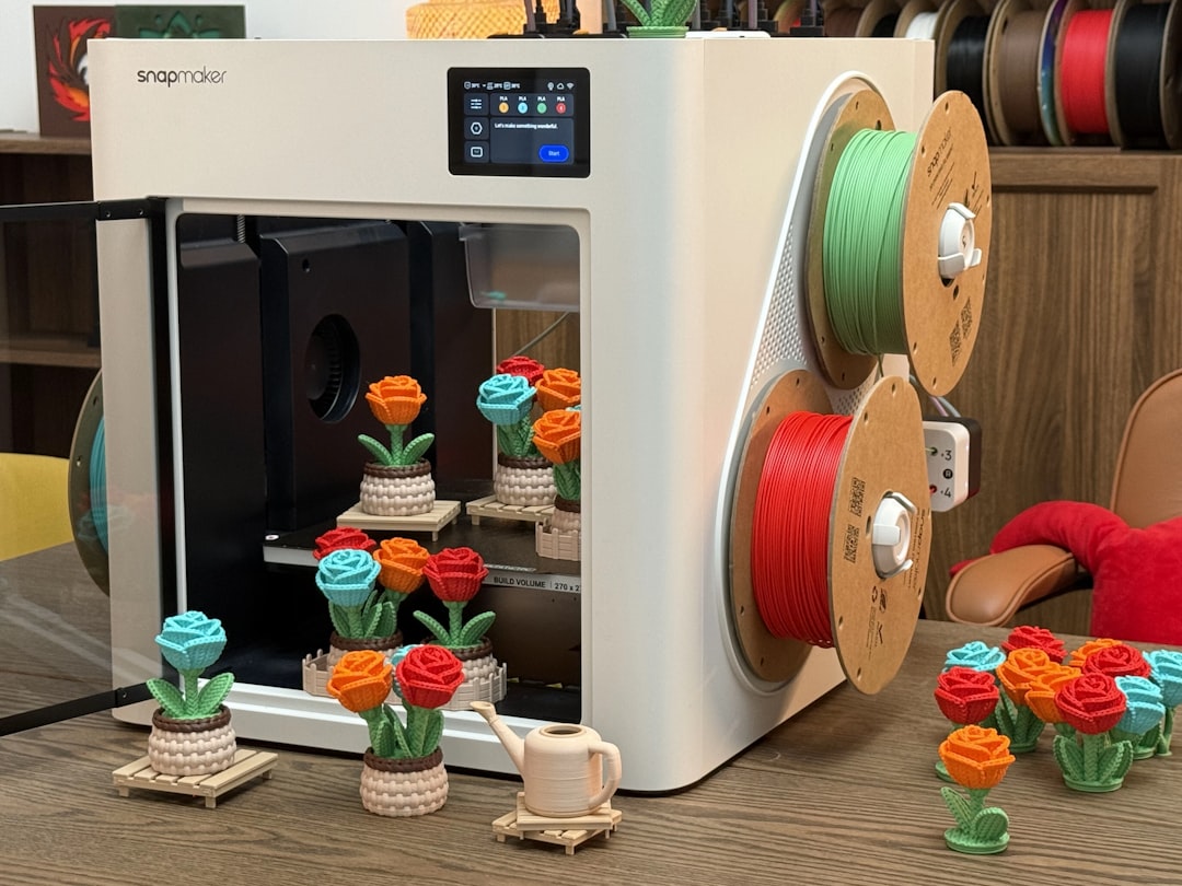 3D printing workspace with printer and printed objects