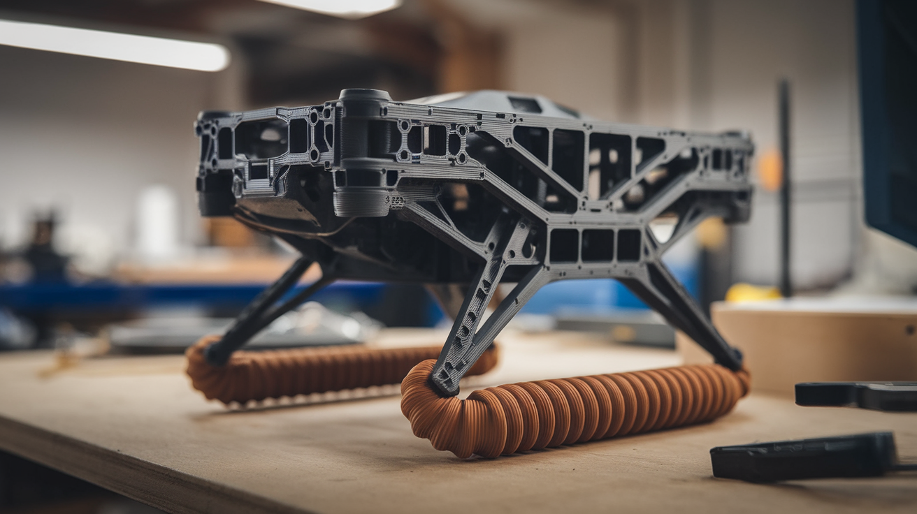 3d printed drone frame TPU flexible damping landing gear - finished print closeup